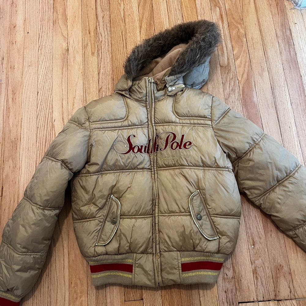 Y2K South Pole Gold Bomber Jacket with Faux Fur Hood